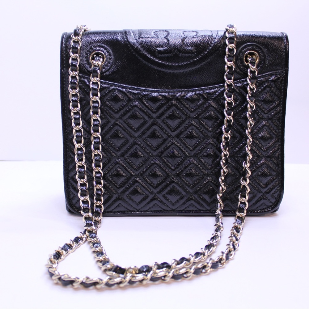 Tory Burch Leather Shoulder Bag Black Double Chain Strap Snap Flap Handbag NWOT